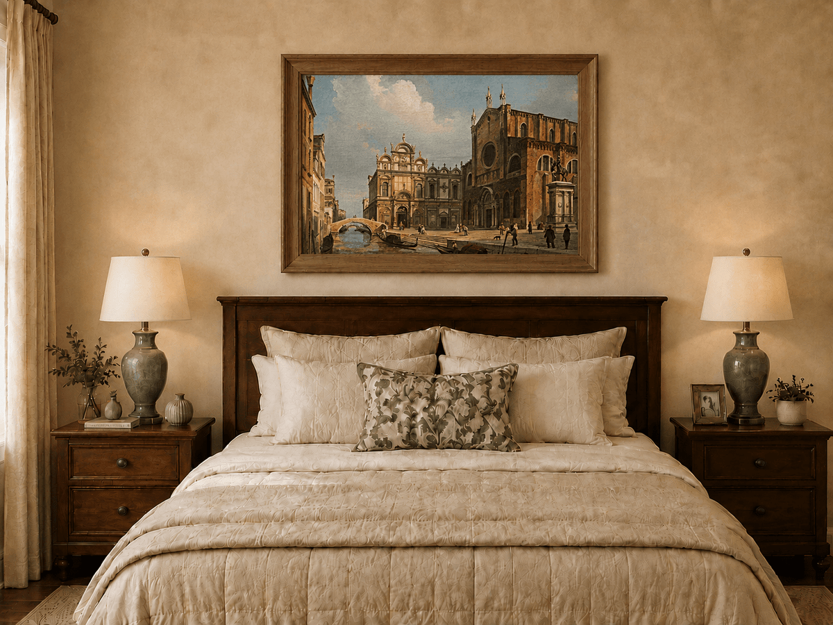 Landscape Oil Painting - Historic Venetian Square Canal, Figures