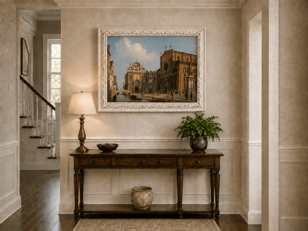 Landscape Oil Painting - Historic Venetian Square Canal, Figures