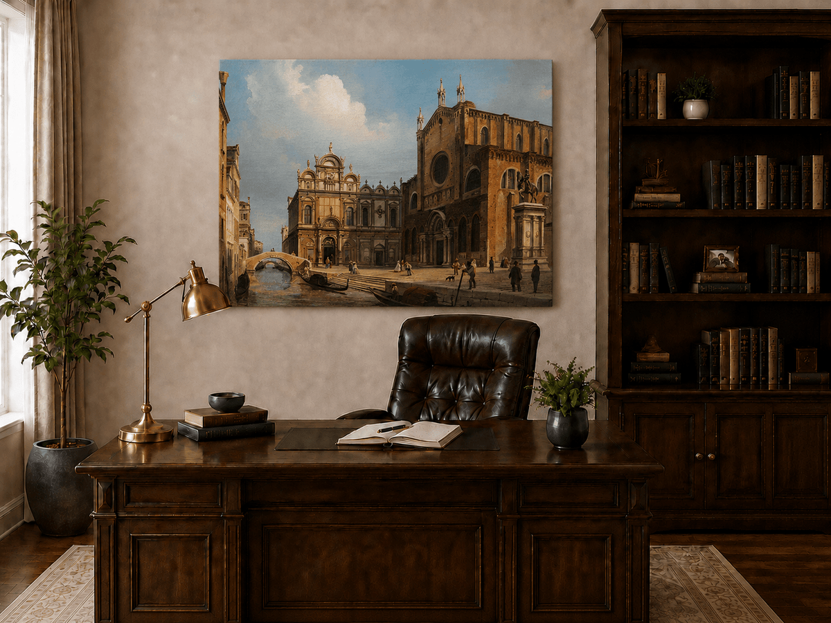 Landscape Oil Painting - Historic Venetian Square Canal, Figures
