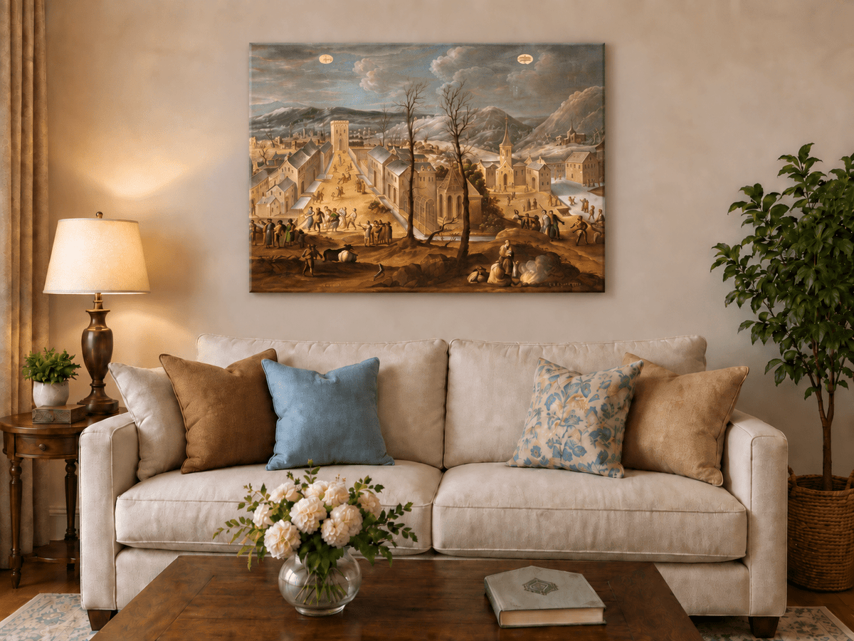 Landscape Oil Painting - Historic Winter Town Scene with Figures