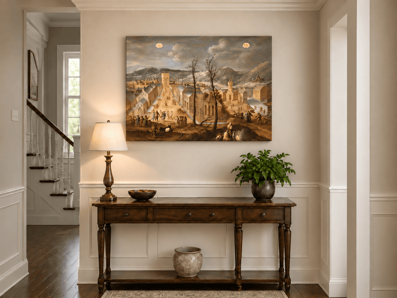 Landscape Oil Painting - Historic Winter Town Scene with Figures