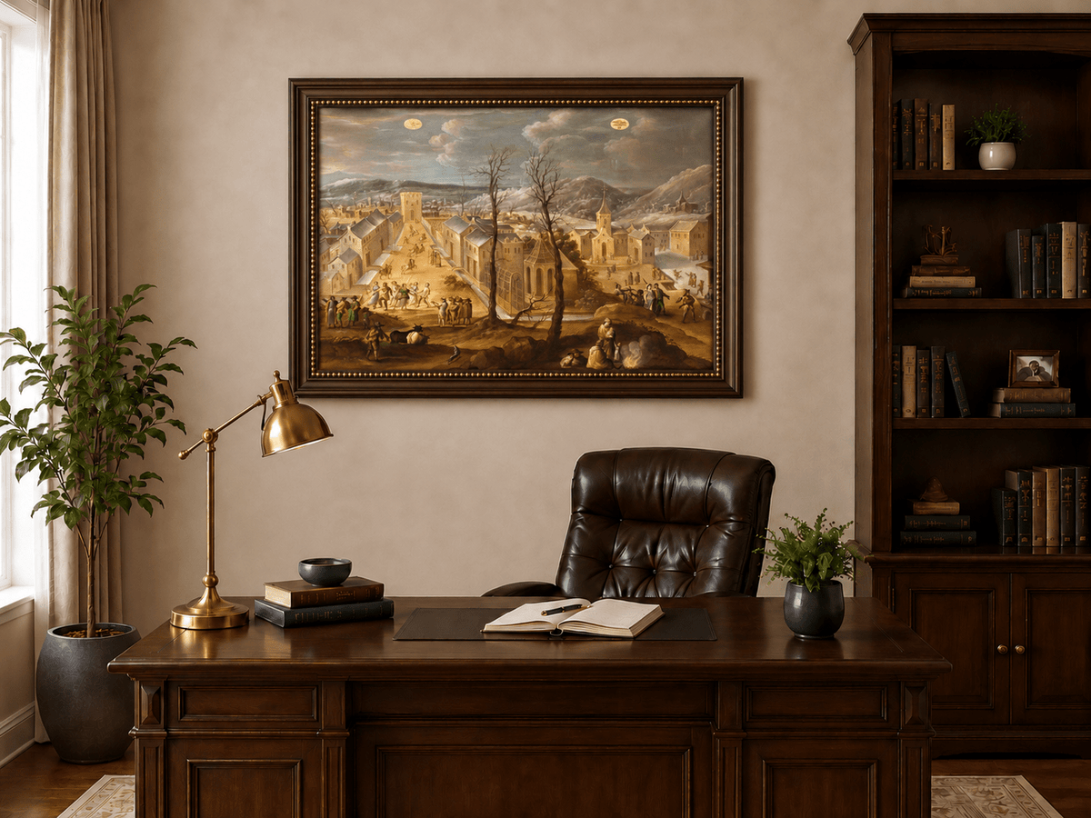 Landscape Oil Painting - Historic Winter Town Scene with Figures