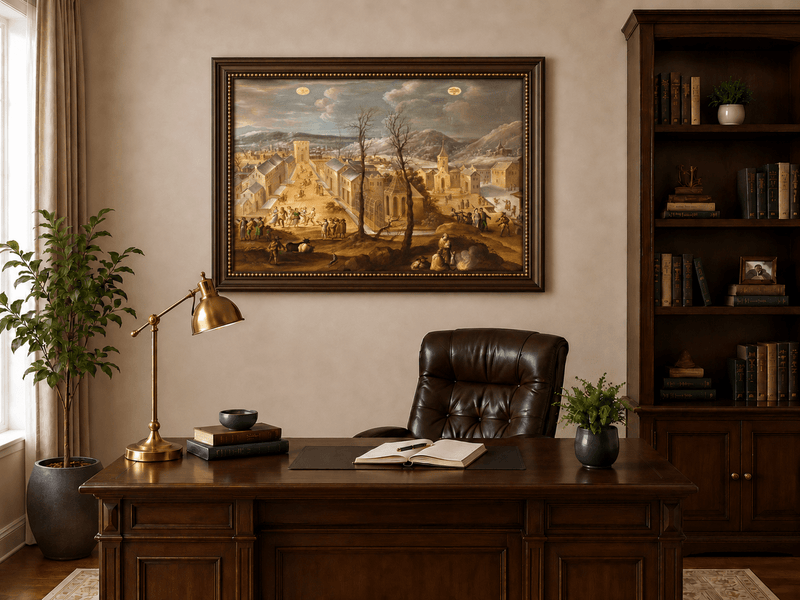 Landscape Oil Painting - Historic Winter Town Scene with Figures