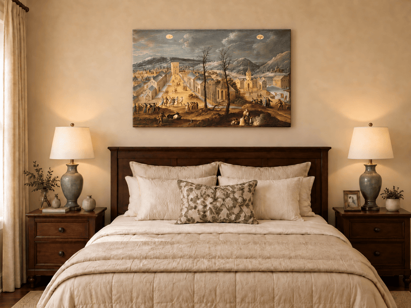 Landscape Oil Painting - Historic Winter Town Scene with Figures