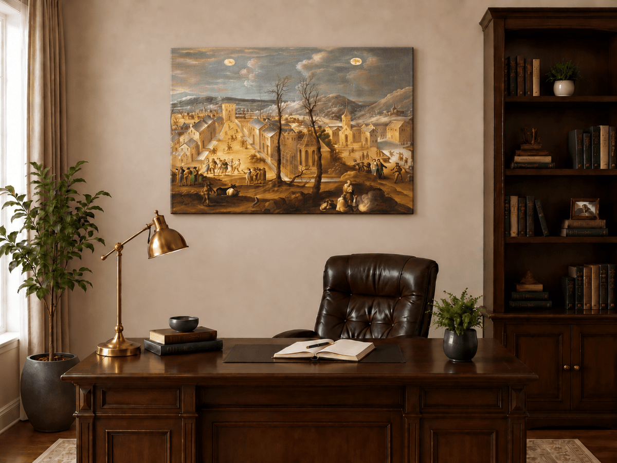 Landscape Oil Painting - Historic Winter Town Scene with Figures