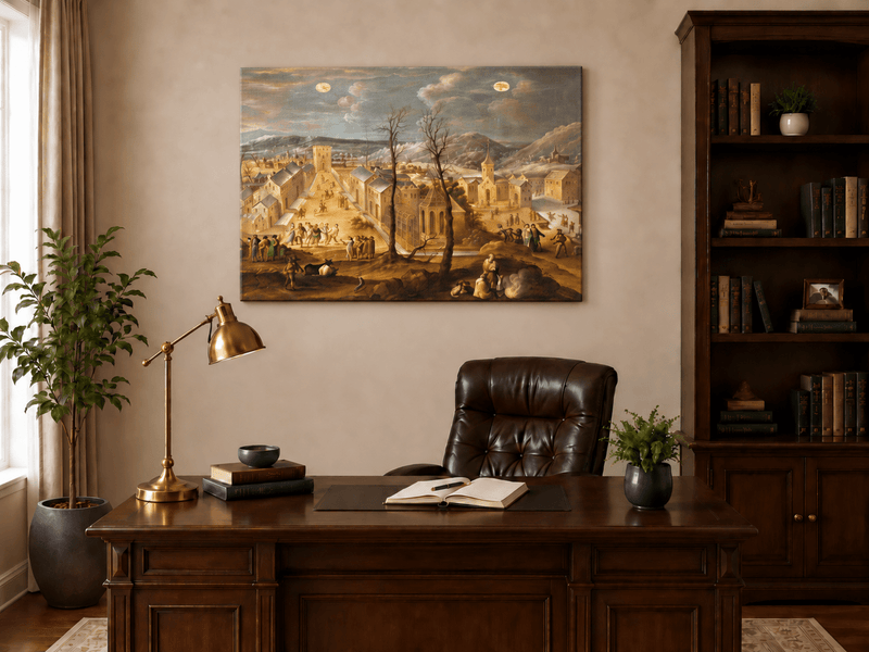 Landscape Oil Painting - Historic Winter Town Scene with Figures