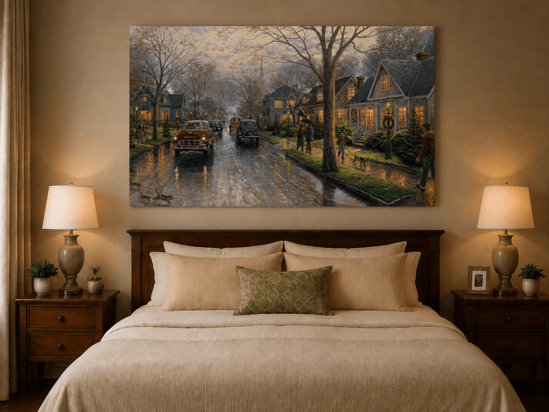 Landschaft Ölgemälde - Kleinstadt Regentag Straße Autos