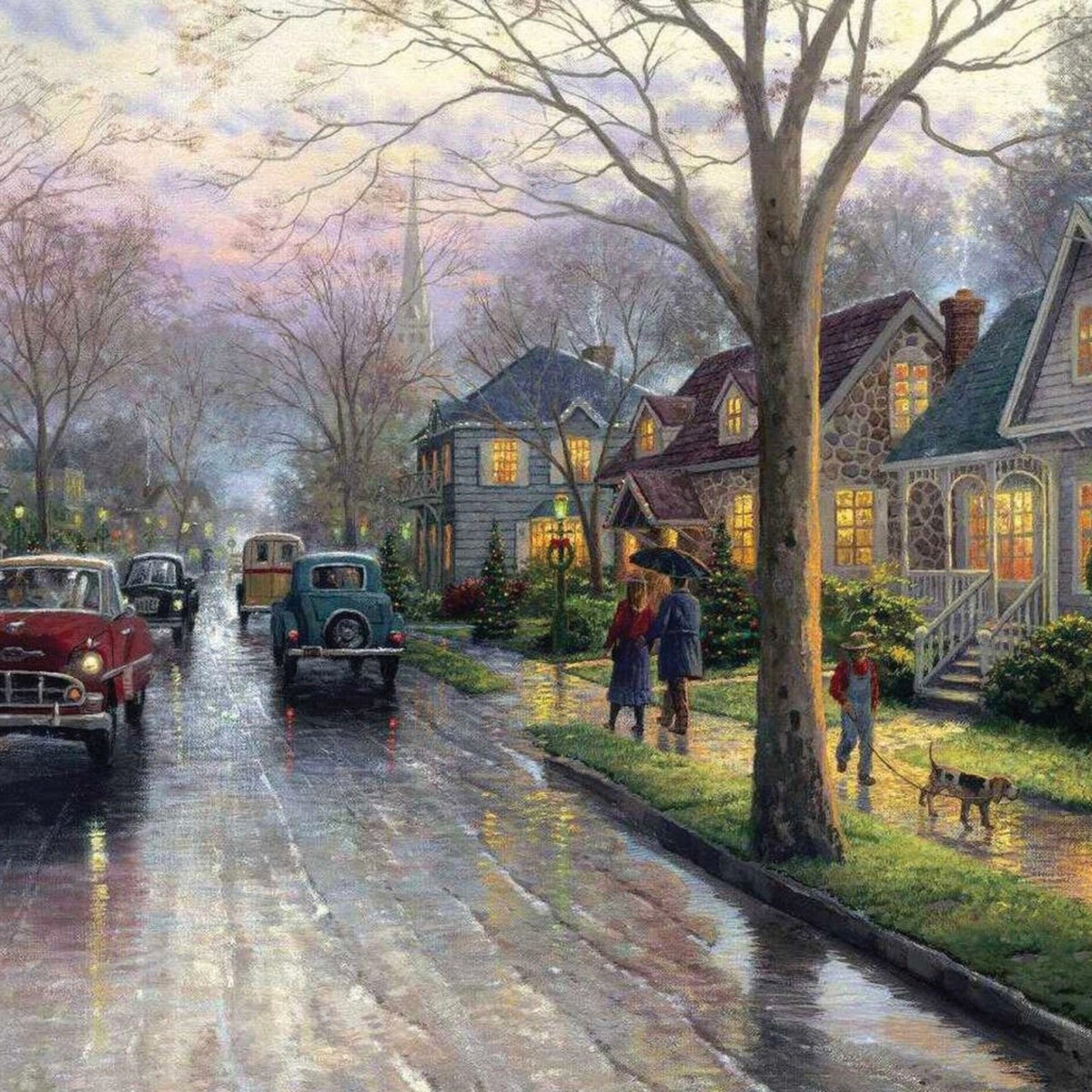 Landscape Oil Painting - Holiday Small Town Rainy Street With Cars - Oil Painting Haven