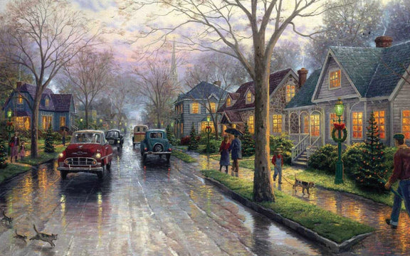 Landscape Oil Painting - Holiday Small Town Rainy Street With Cars - Oil Painting Haven
