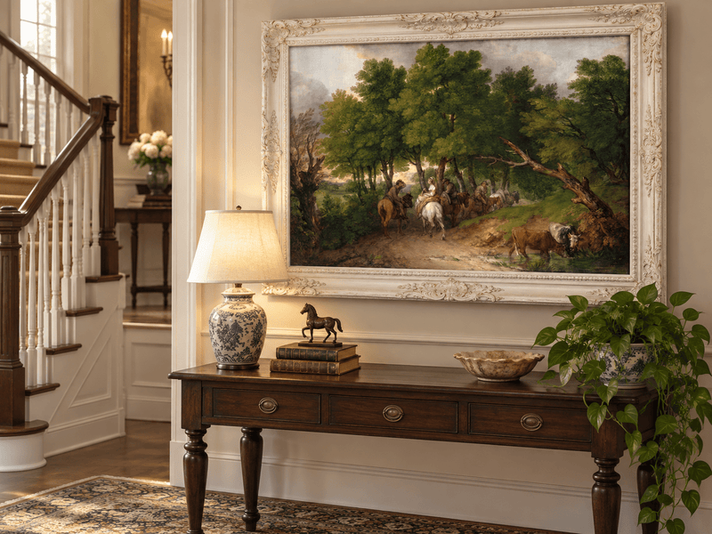 Landscape Oil Painting - Horse Riders on a Woodland Path Cattle