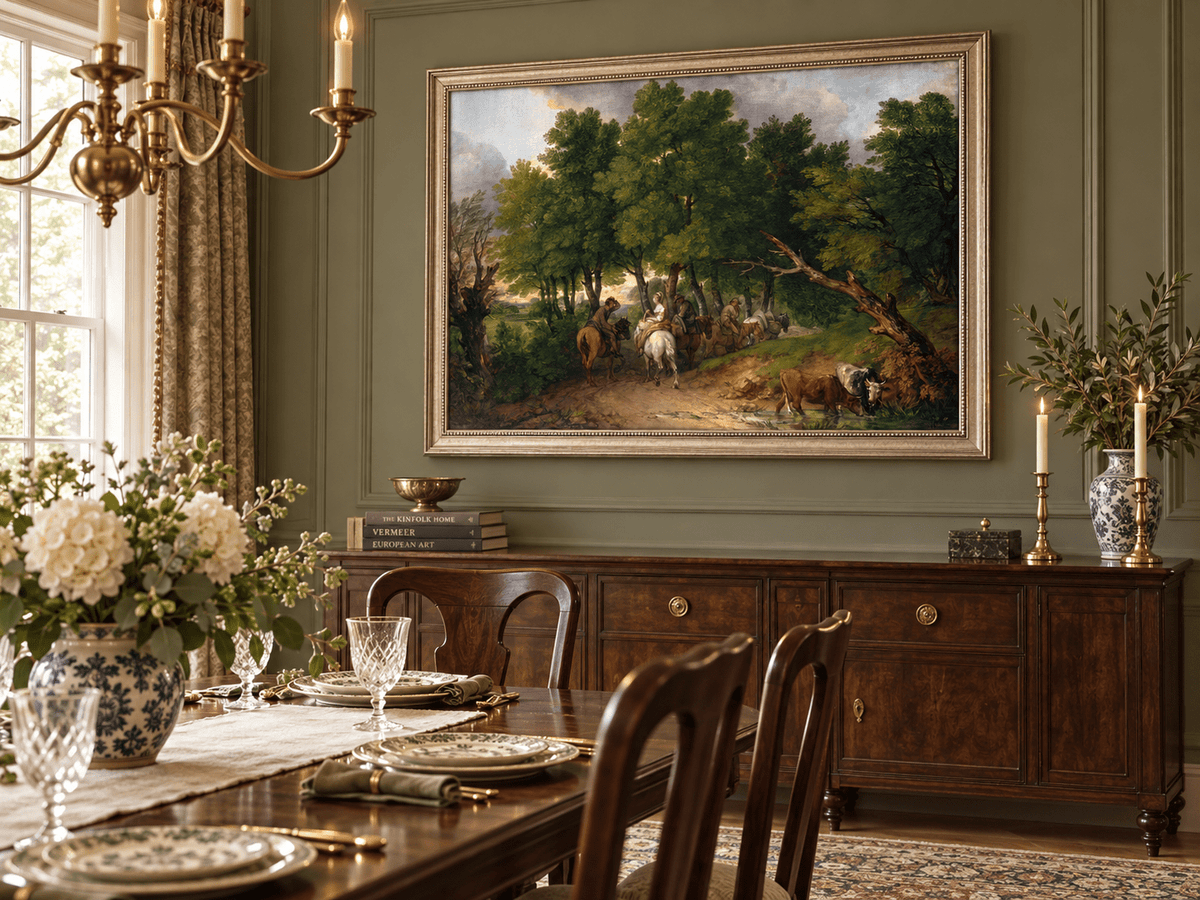 Landscape Oil Painting - Horse Riders on a Woodland Path Cattle