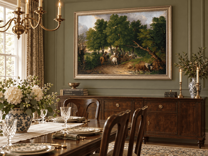 Landscape Oil Painting - Horse Riders on a Woodland Path Cattle