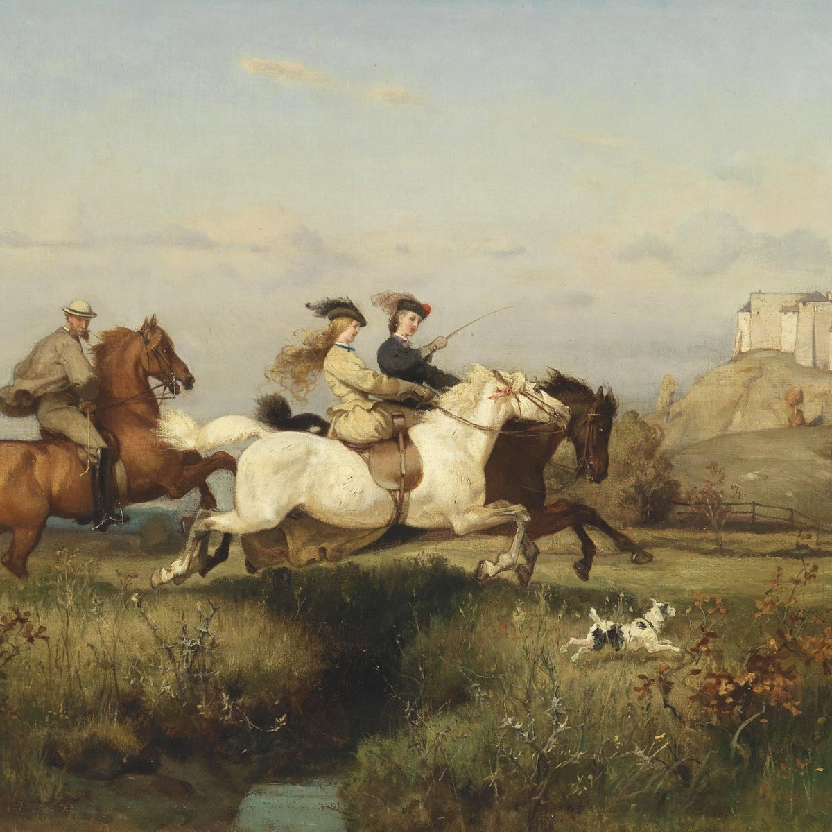 Landscape Oil Painting - Horseback Riders, Dog & Hilltop Castle - Oil Painting Haven