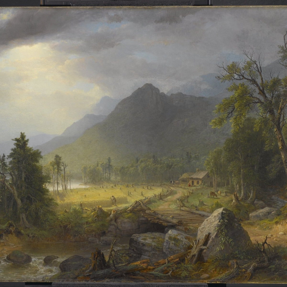 Landscape Oil Painting - Hudson River School Mountain, Footbridge & Cabin - Oil Painting Haven