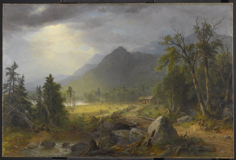 Landscape Oil Painting - Hudson River School Mountain, Footbridge & Cabin - Oil Painting Haven