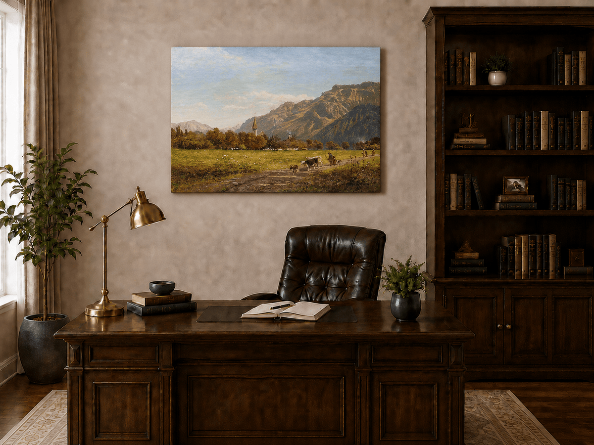 Peinture à l'huile de paysage - Village côtier avec phare et coucher de soleil
