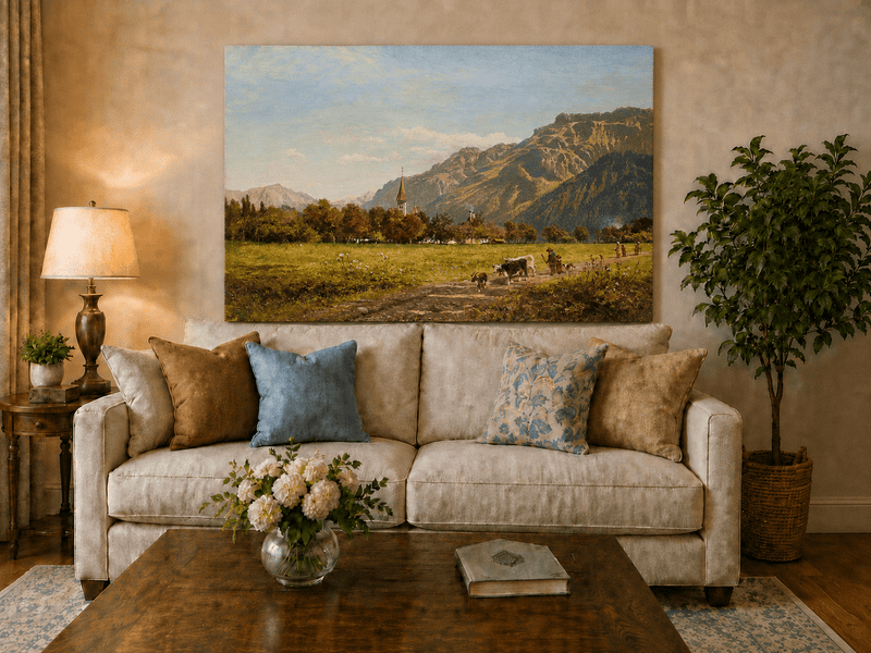 Peinture à l'huile de paysage - Village côtier avec phare et coucher de soleil