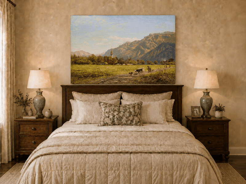 Peinture à l'huile de paysage - Village côtier avec phare et coucher de soleil