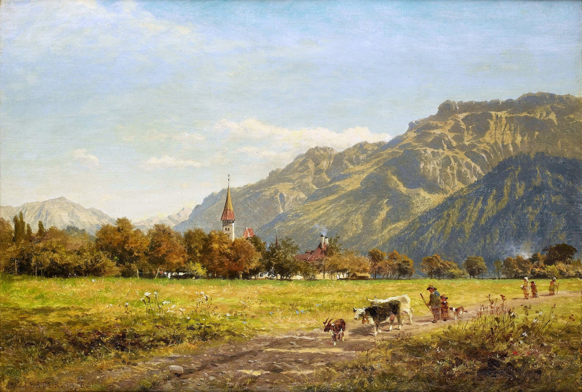 Peinture à l'huile de paysage - Village côtier avec phare et coucher de soleil