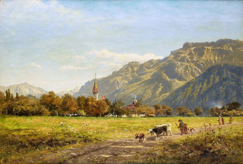 Peinture à l'huile de paysage - Village côtier avec phare et coucher de soleil