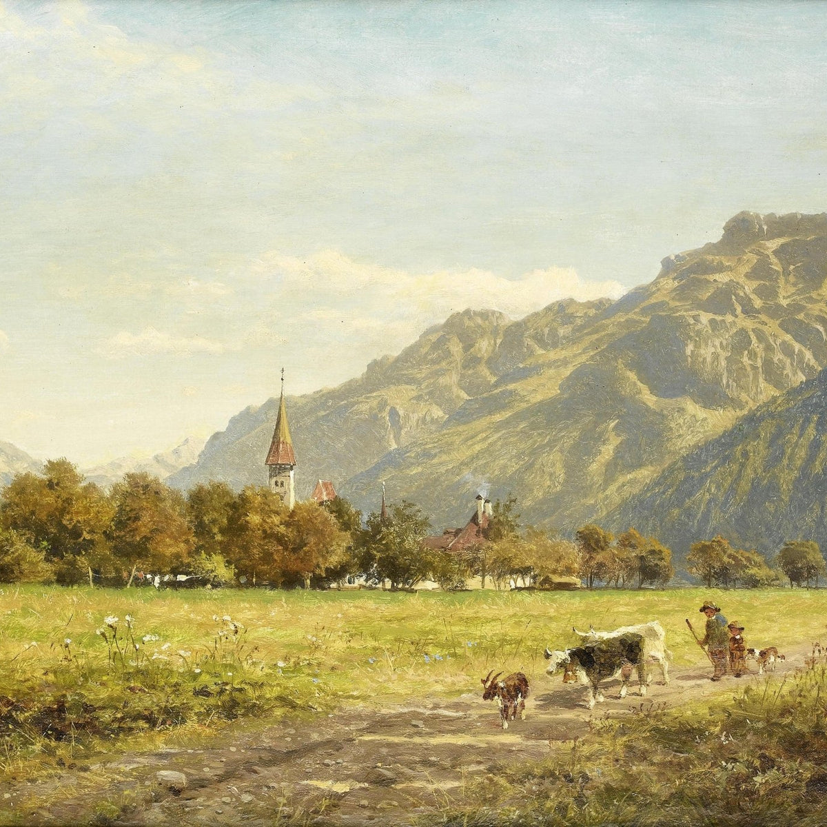 Landscape Oil Painting - Interlaken Mountain Meadow with Church - Oil Painting Haven