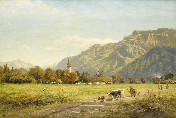 Landscape Oil Painting - Interlaken Mountain Meadow with Church - Oil Painting Haven