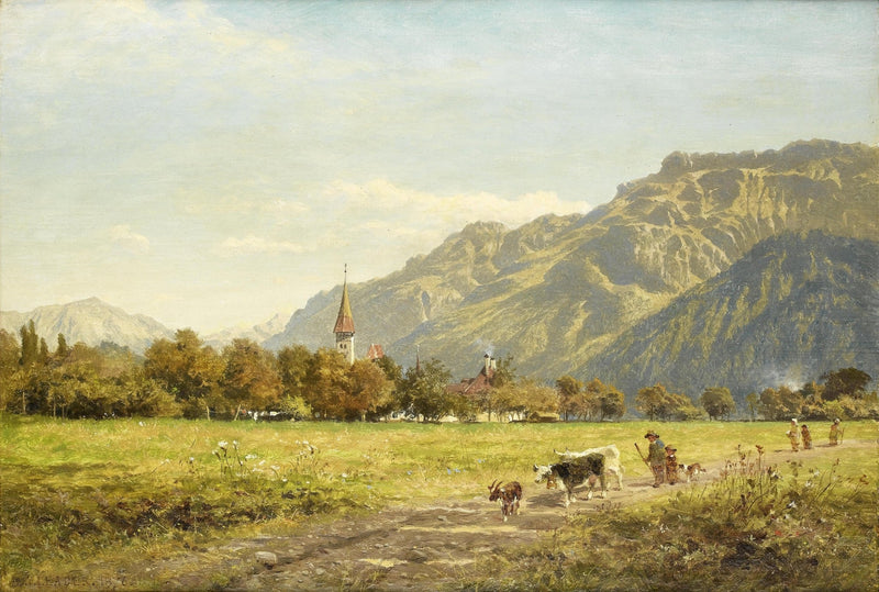 Landscape Oil Painting - Interlaken Mountain Meadow with Church - Oil Painting Haven