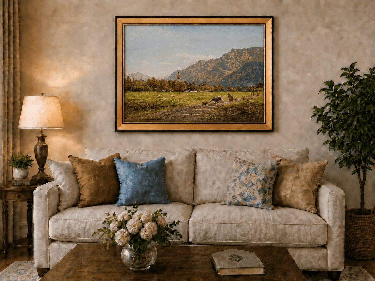 Peinture à l'huile de paysage - Village côtier avec phare et coucher de soleil
