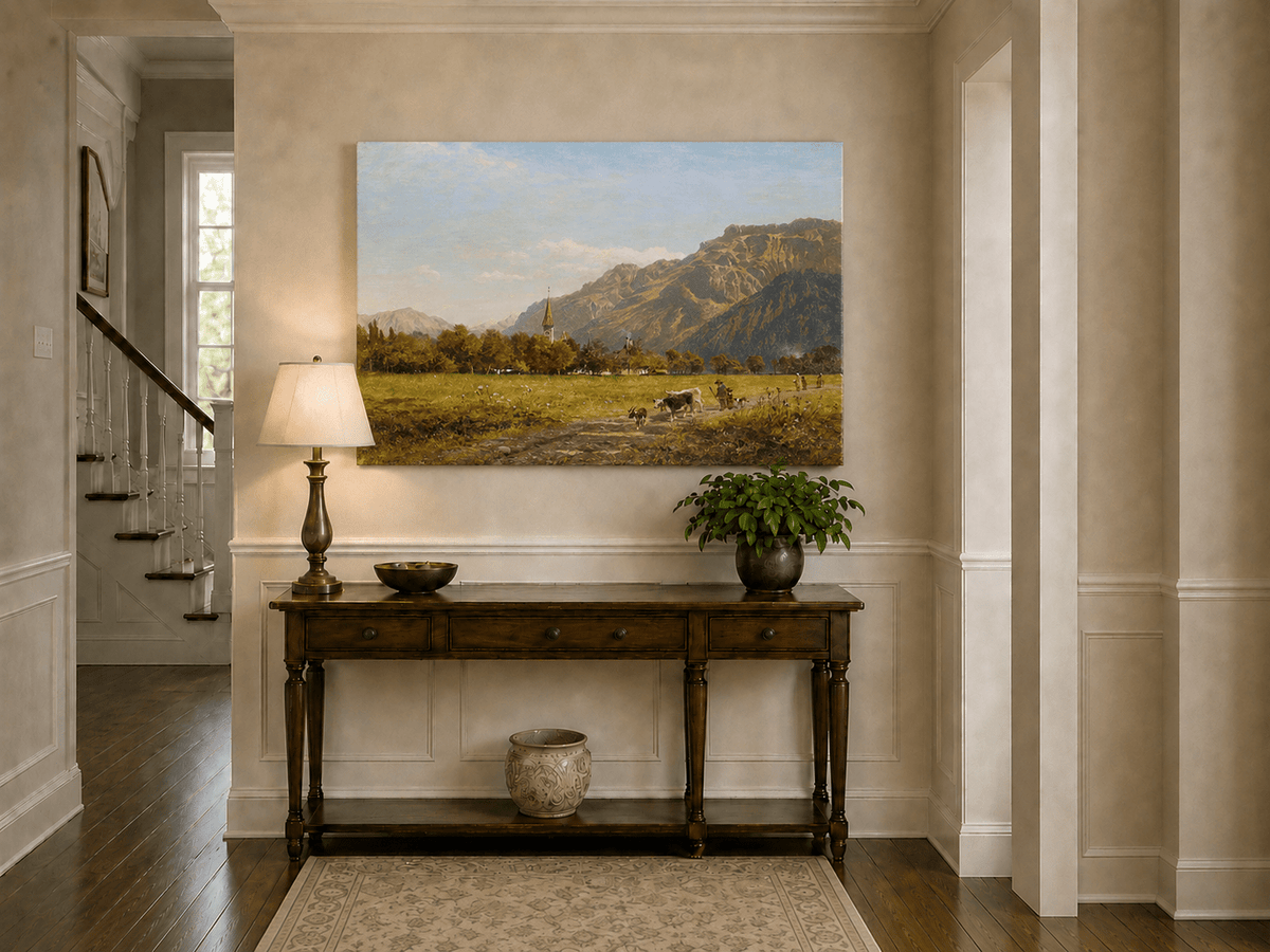 Peinture à l'huile de paysage - Village côtier avec phare et coucher de soleil