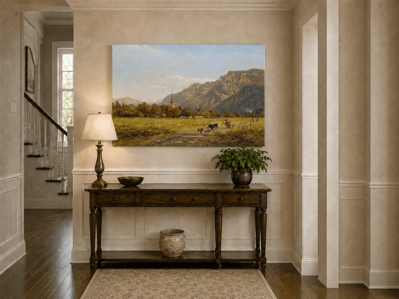 Peinture à l'huile de paysage - Village côtier avec phare et coucher de soleil