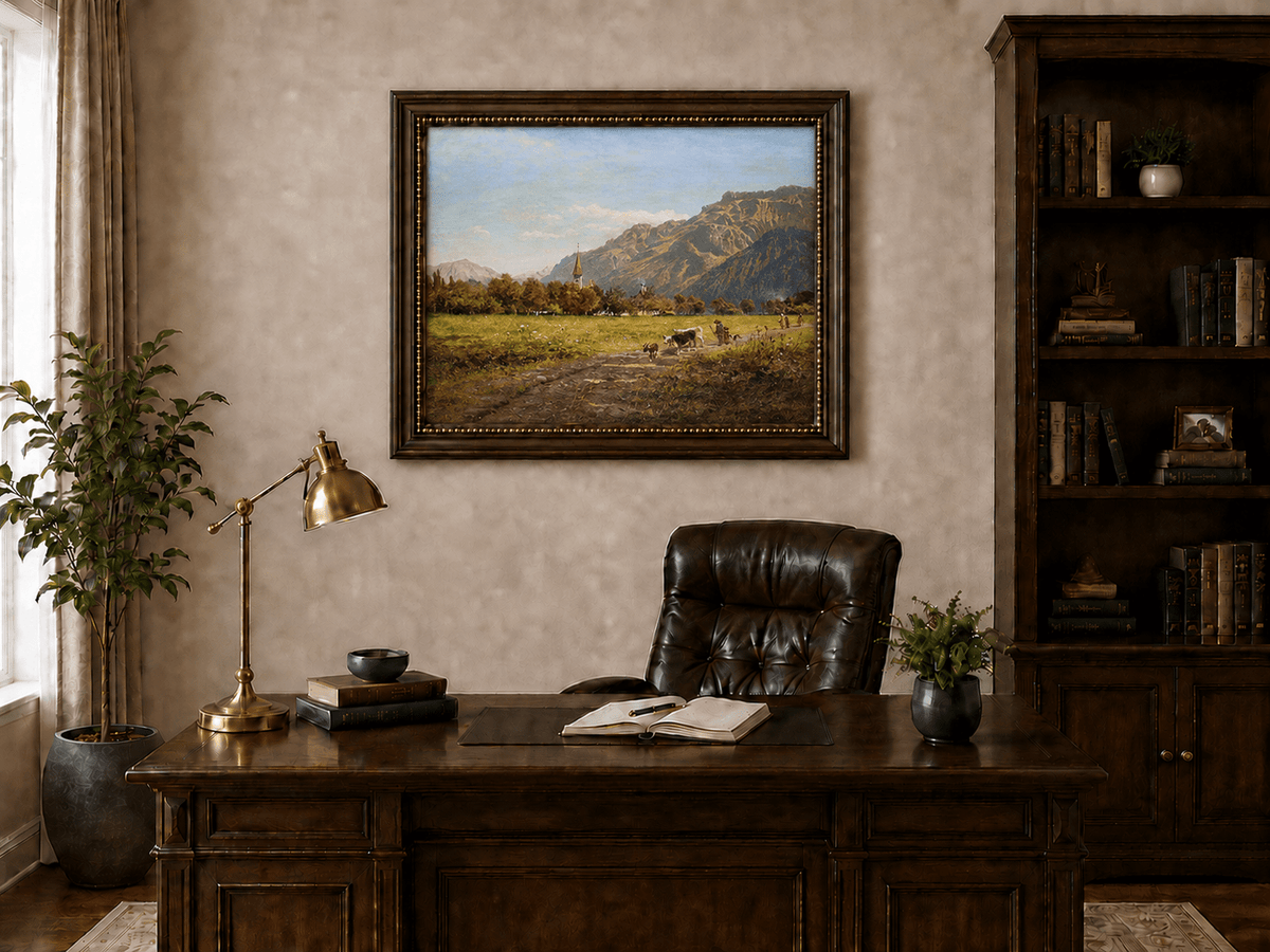 Peinture à l'huile de paysage - Village côtier avec phare et coucher de soleil