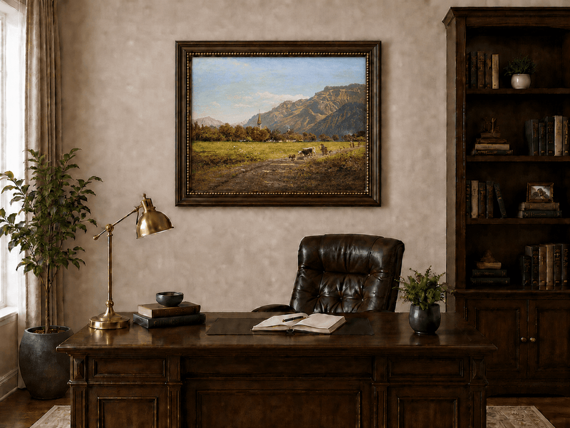 Peinture à l'huile de paysage - Village côtier avec phare et coucher de soleil