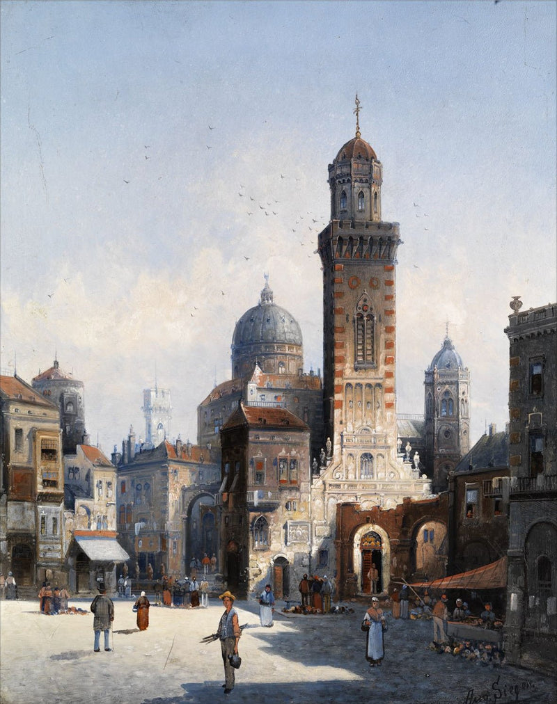 Hand-painted italian cathedral square and market landscape oil painting on canvas