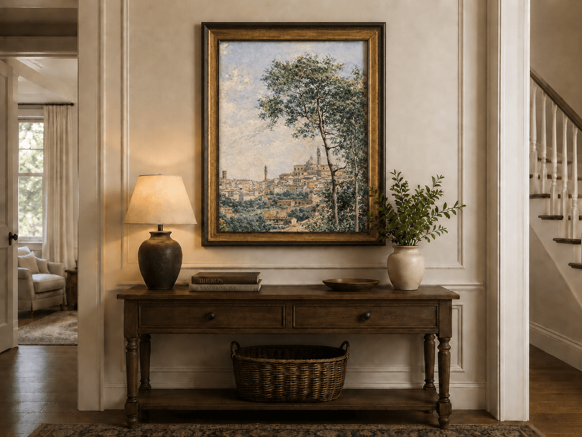 Peinture à l'huile de paysage - Rivière printanière avec pêcheur et arbres