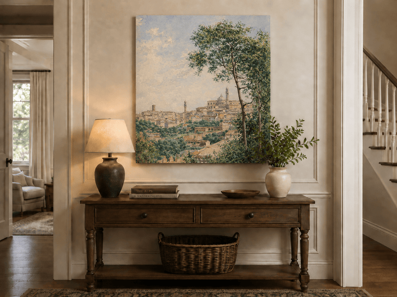 Peinture à l'huile de paysage - Rivière printanière avec pêcheur et arbres