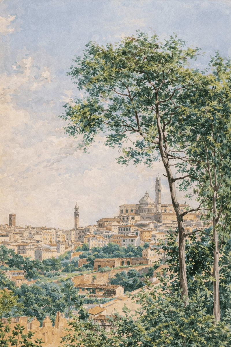 Landscape Oil Painting - Italian Hill Town with Trees and Skyline - Oil Painting Haven