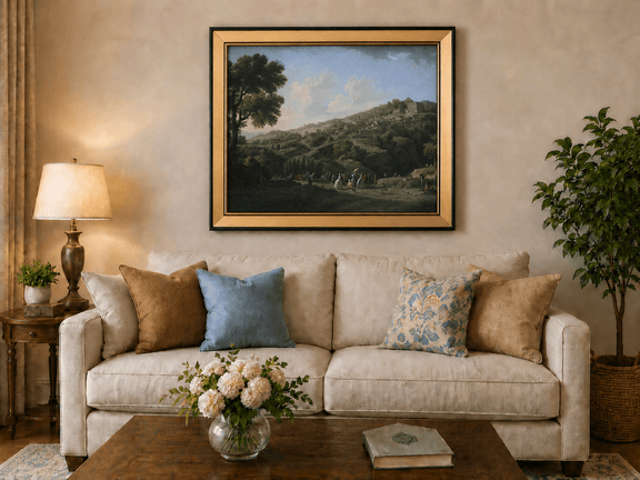 Italian hillside village with villa and figures landscape oil painting displayed in a styled home interior.