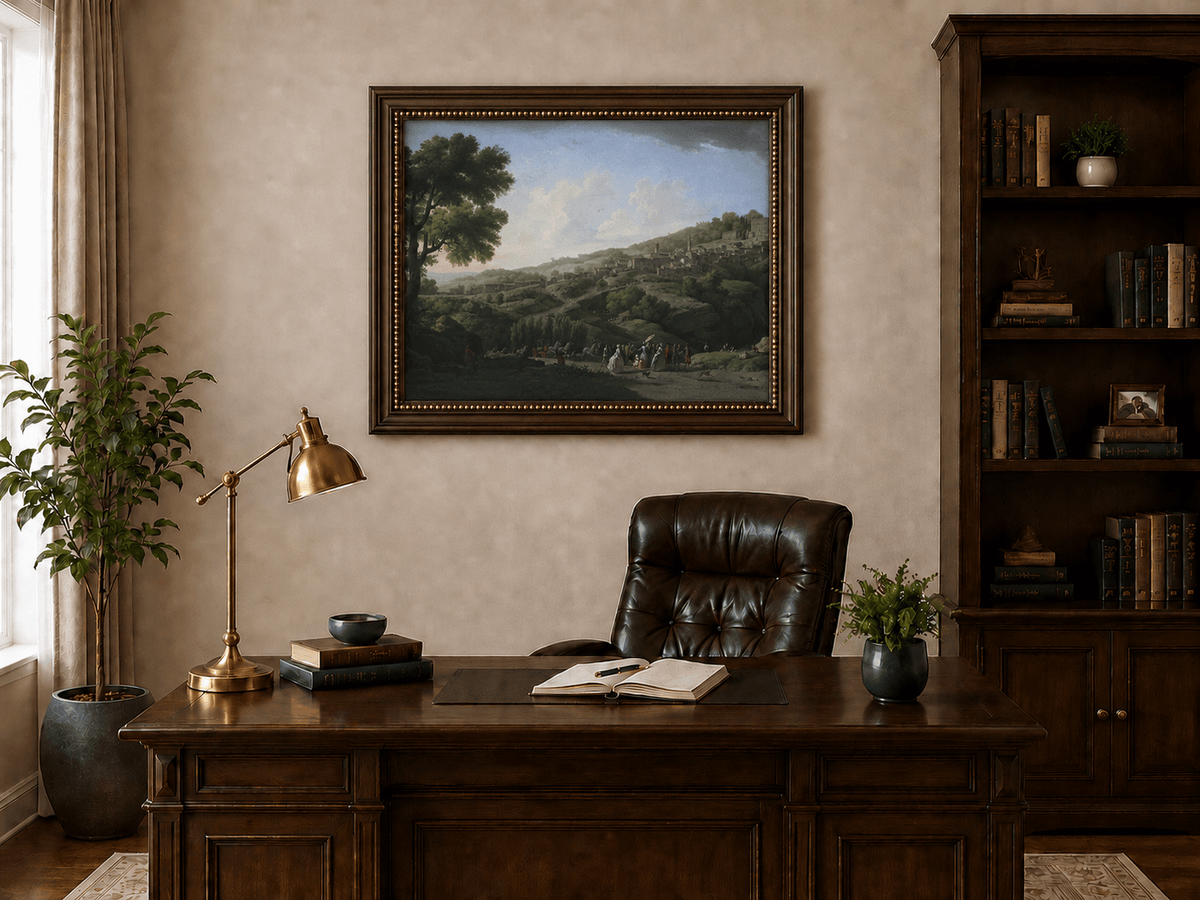 Italian hillside village landscape oil painting with villa and figures presented in an interior wall art mockup.