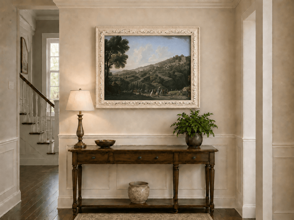 Italian hillside village, villa and figures hand-painted oil artwork shown as home wall decor.