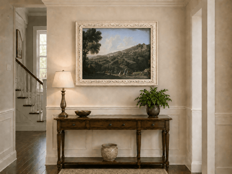Italian hillside village, villa and figures hand-painted oil artwork shown as home wall decor.