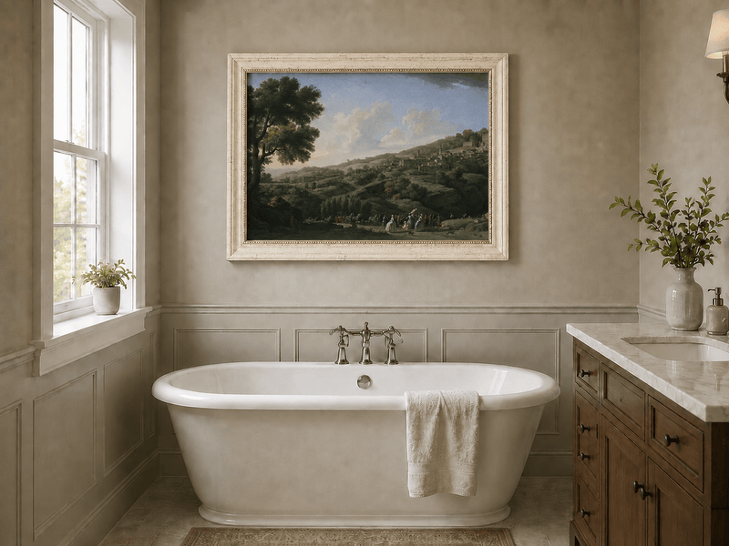 Italian hillside village with figures landscape oil painting presented as interior home decor.