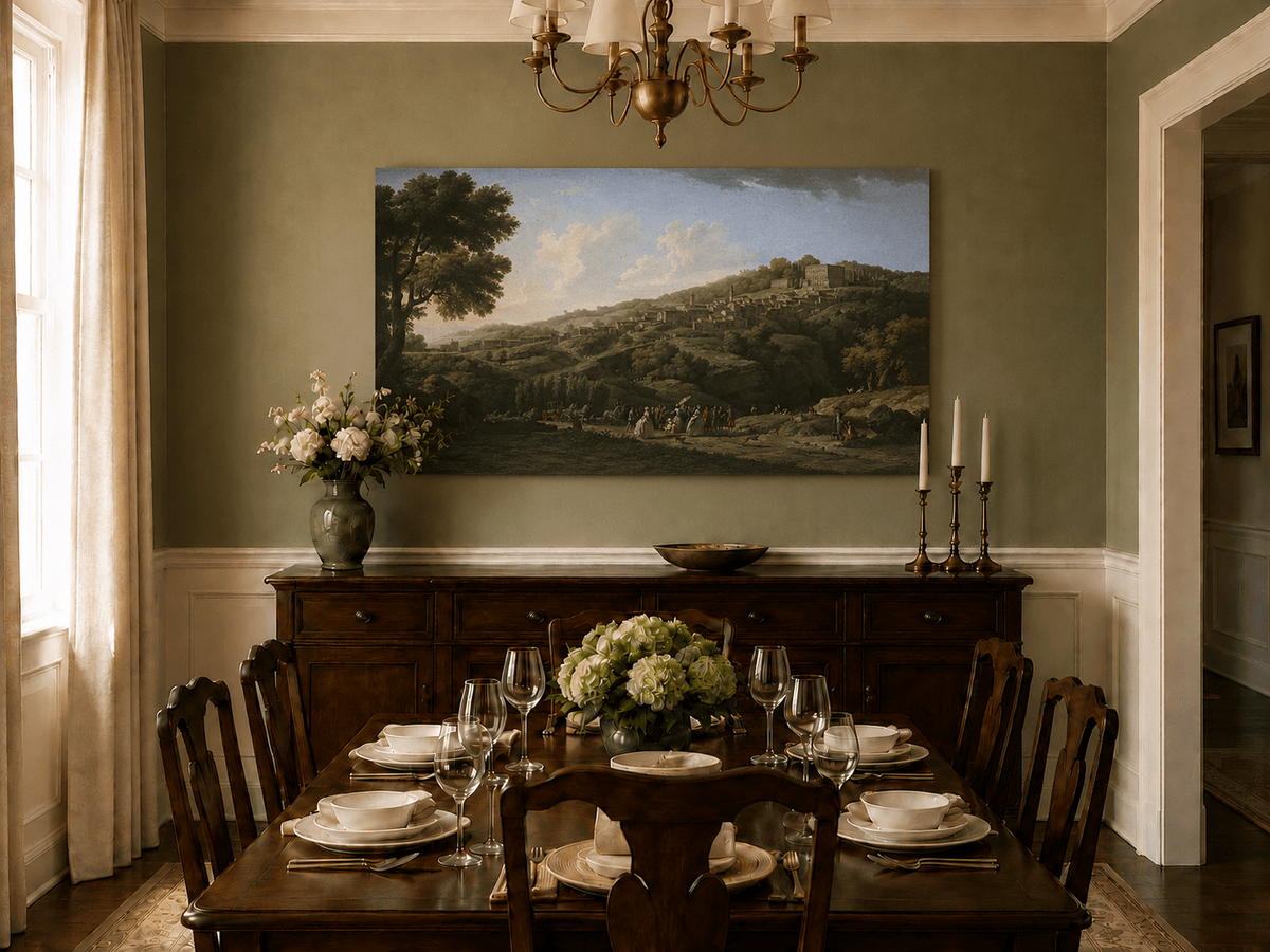 Hand-painted Italian village and figures landscape artwork in an interior display.