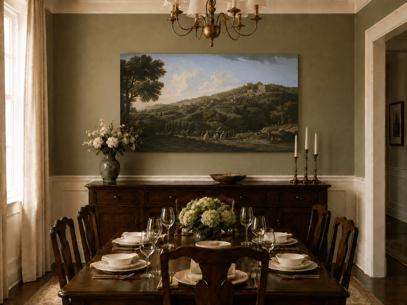 Hand-painted Italian village and figures landscape artwork in an interior display.