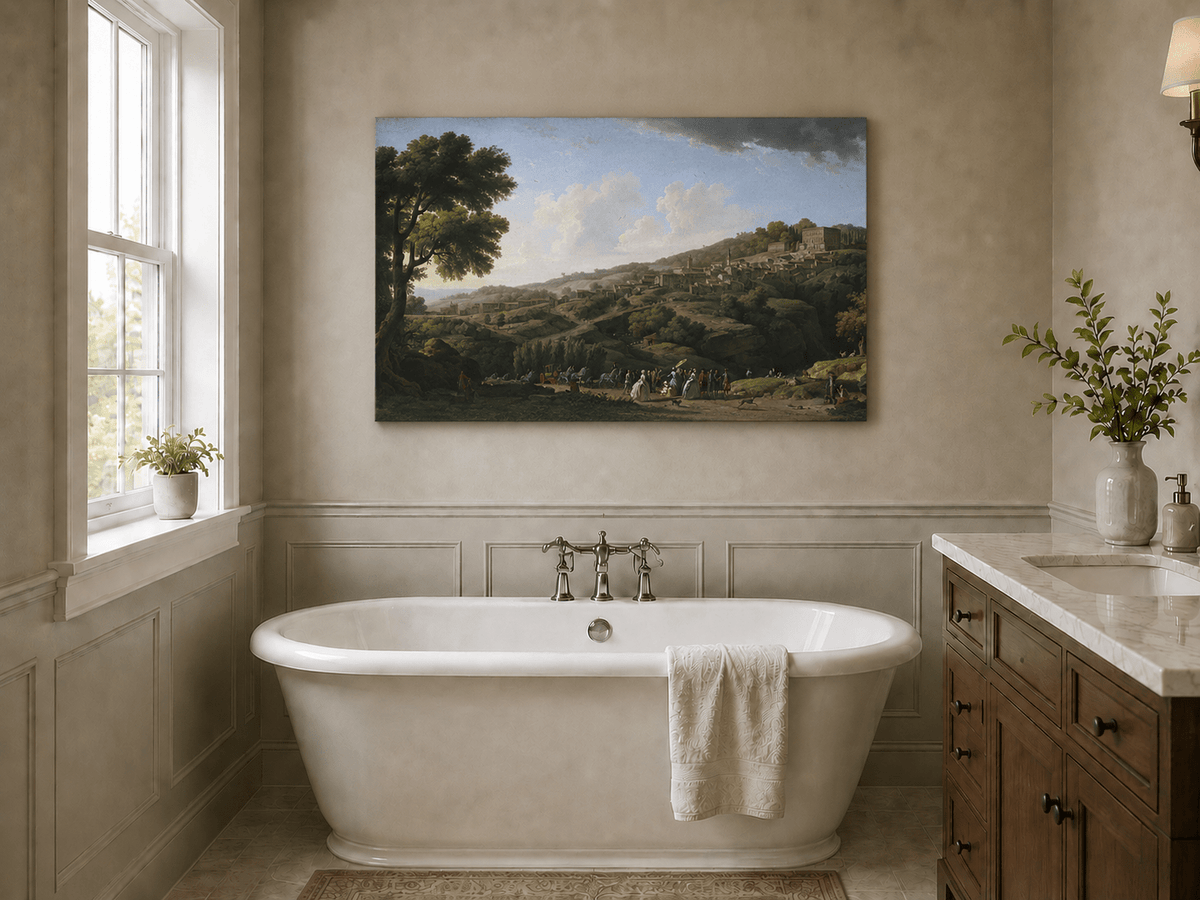 Italian hillside village with villa and figures landscape oil painting presented as styled home decor.