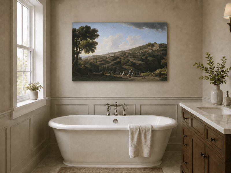 Italian hillside village with villa and figures landscape oil painting presented as styled home decor.