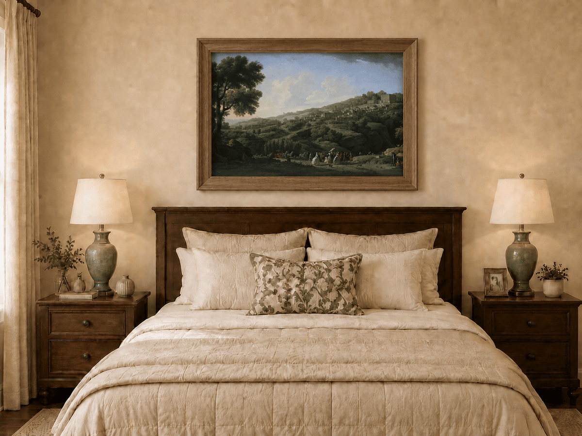 Hand-painted Italian hillside village with villa displayed as decorative wall art.