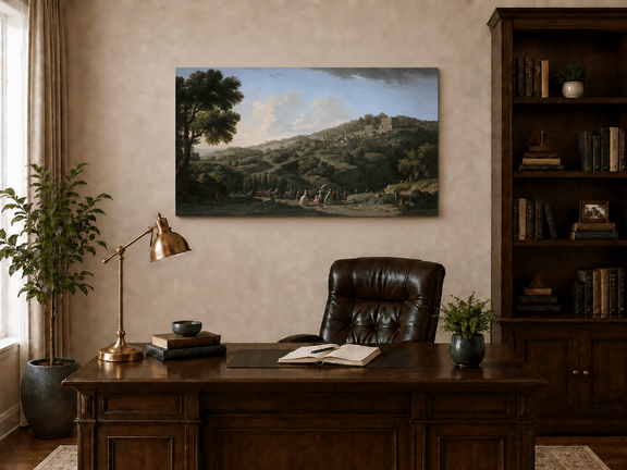 Interior wall art view featuring an Italian hillside village with villa and figures oil painting.