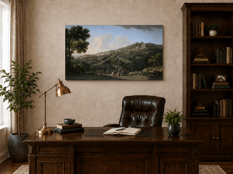 Interior wall art view featuring an Italian hillside village with villa and figures oil painting.