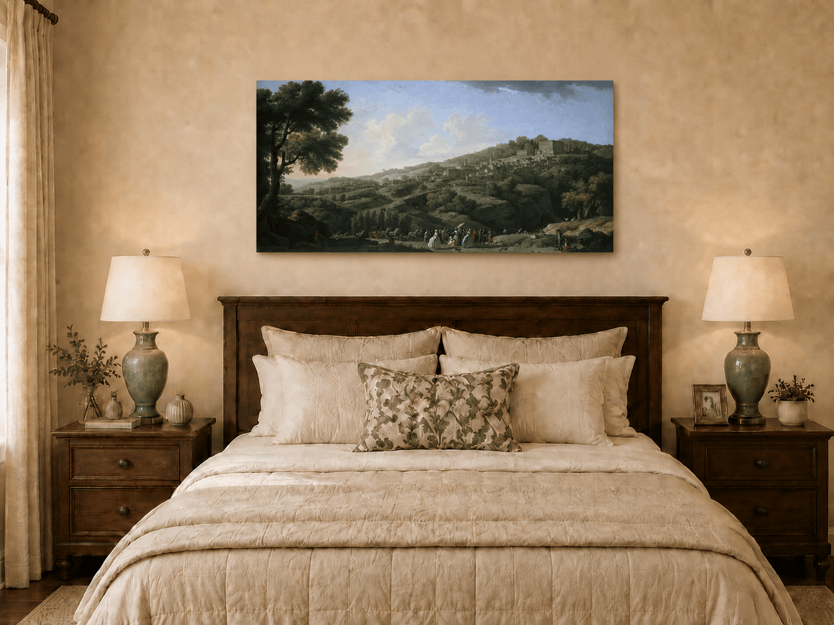 Italian hillside villa oil painting displayed as landscape wall decor.