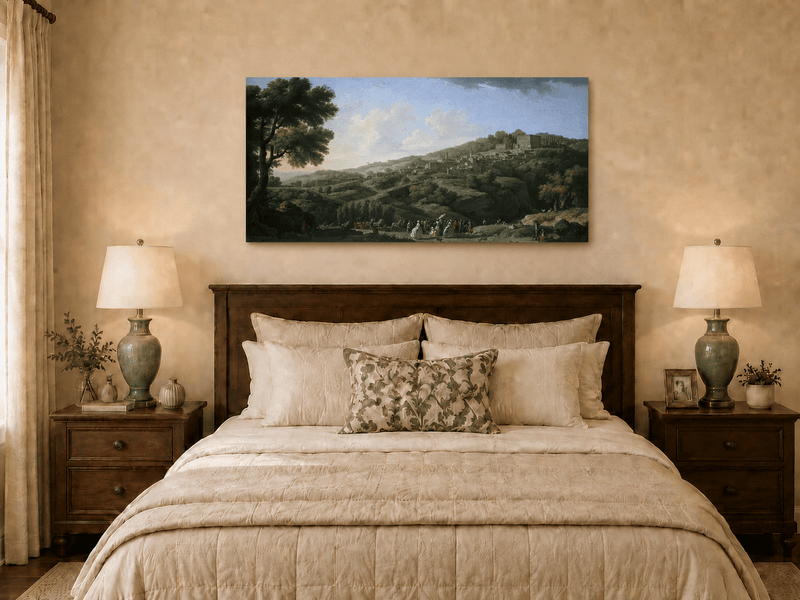 Italian hillside villa oil painting displayed as landscape wall decor.